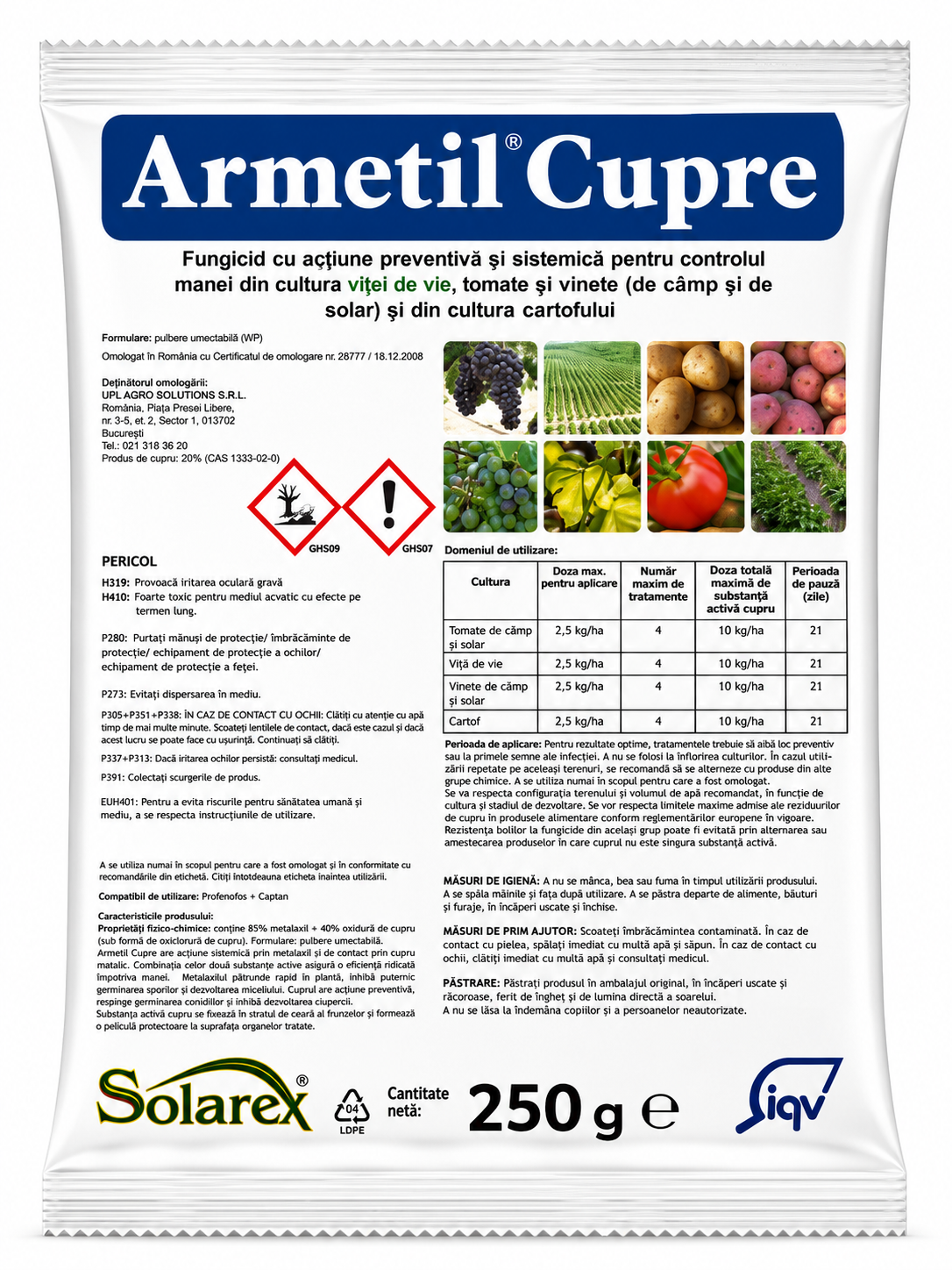 Fungicid ARMETIL COBRE - 250 g, Solarex, Sistemic, Vita de vie, Tomate, Cartof