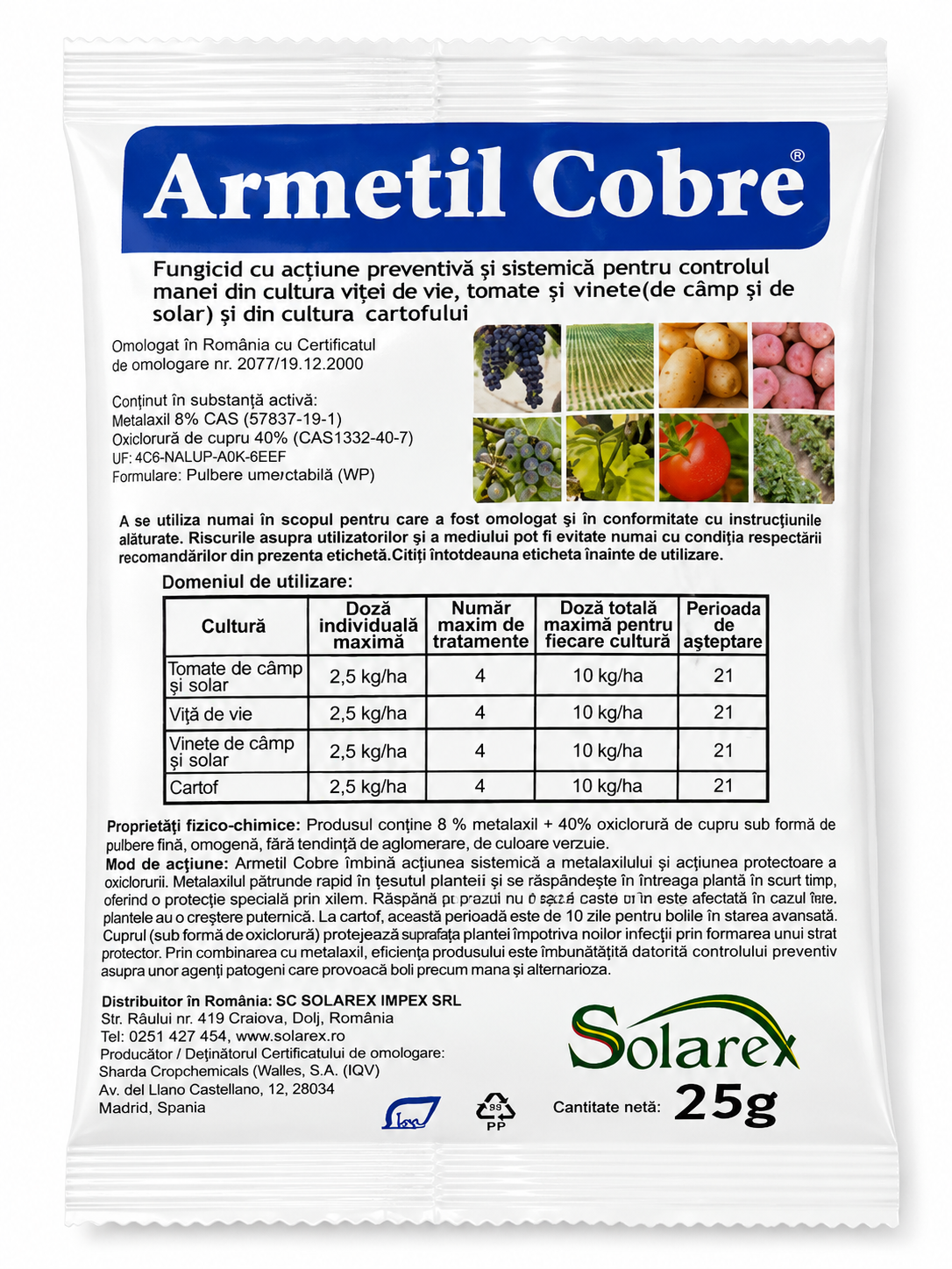 Fungicid ARMETIL COBRE - 25 g, Solarex, Sistemic, Vita de vie, Tomate, Cartof
