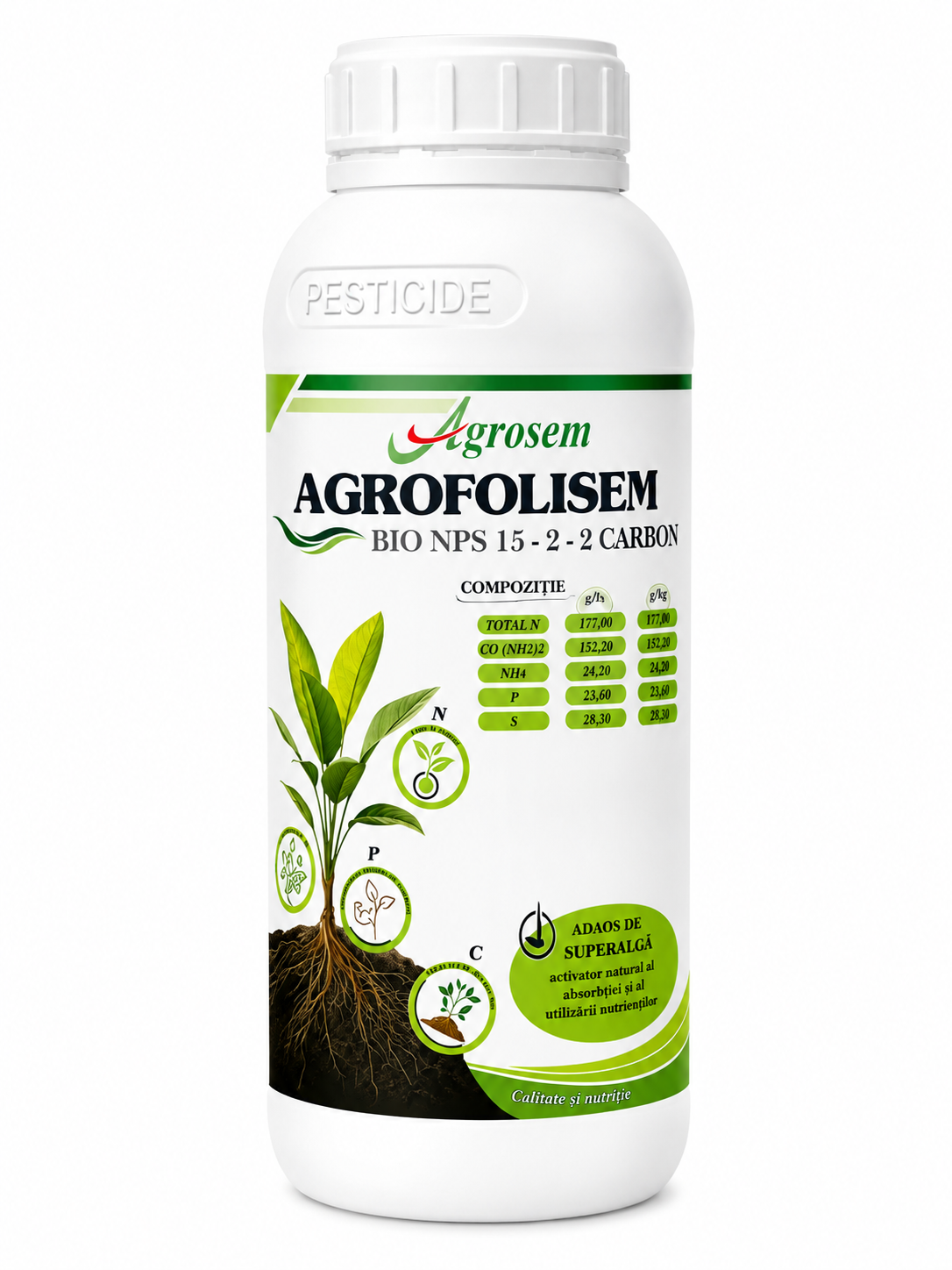 Ingrasamant lichid AGROFOLISEM , BIO NPS 15-2-2 CARBON, 1L
