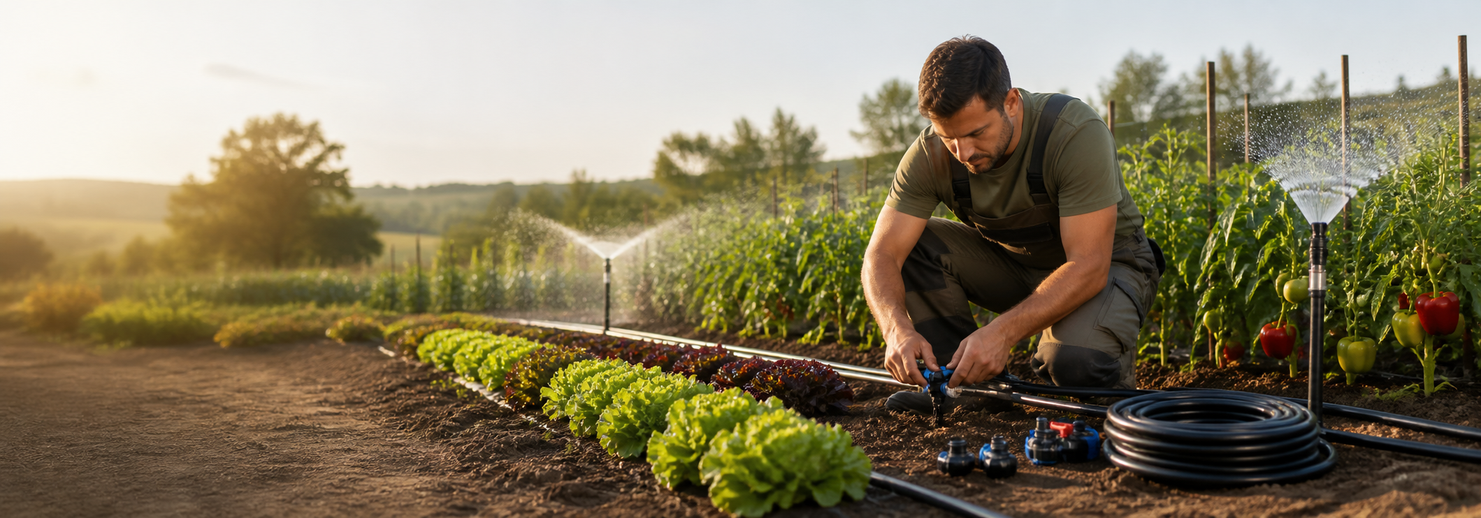 Agricultor reglând un sistem de irigare prin picurare