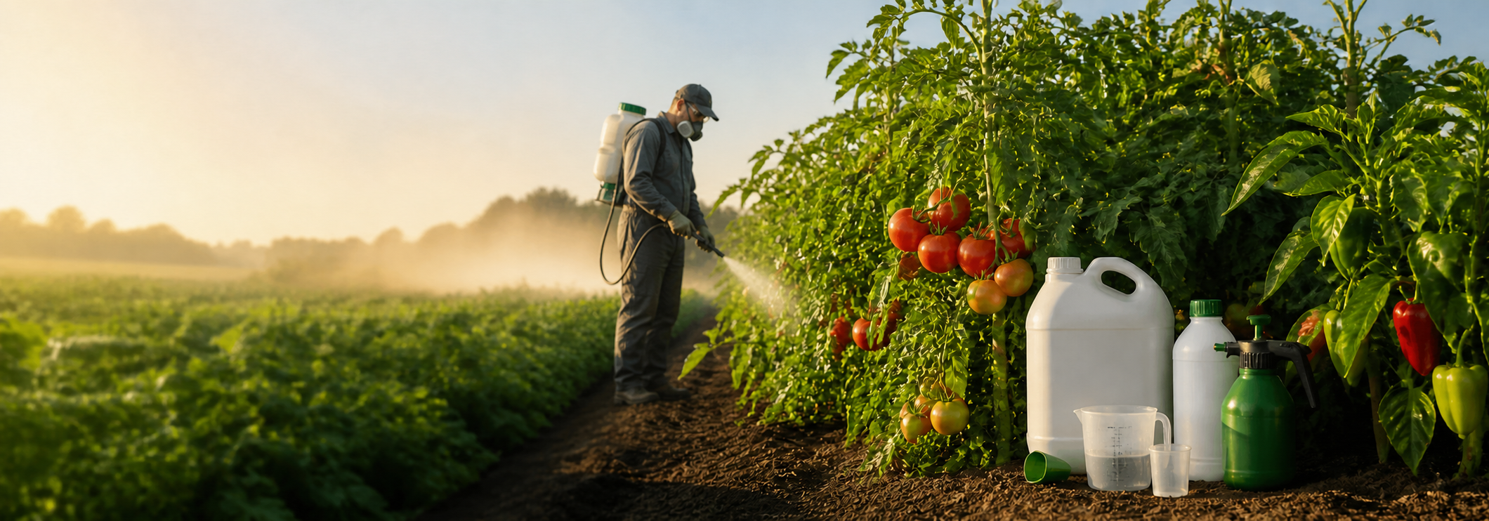 Agricultor aplicând tratamente în cultura de tomate și ardei