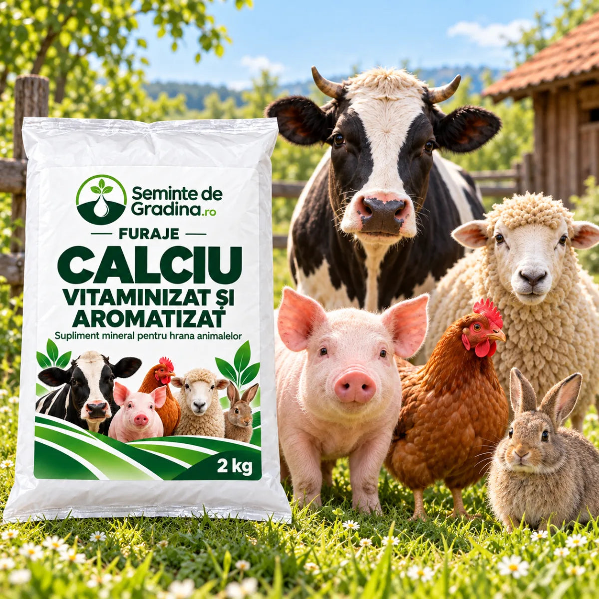 Ambalaj de calciu vitaminizat de 2 kg alături de animale sănătoase din gospodărie