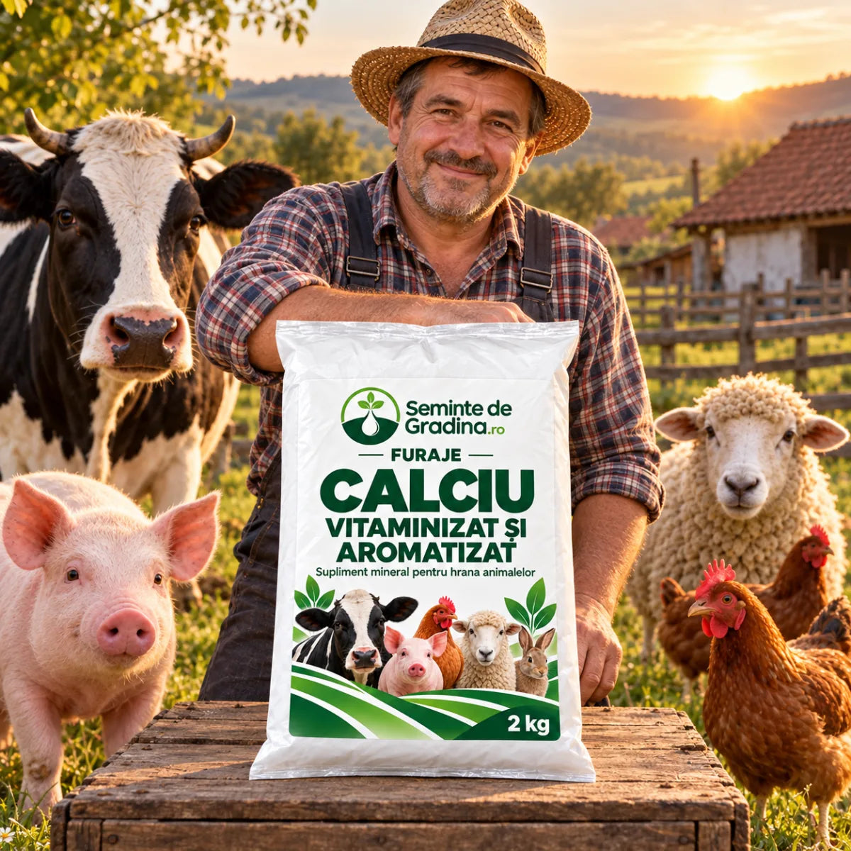 Gospodar alături de animale și ambalajul de calciu vitaminizat de 2 kg